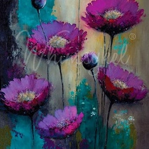 May include: A painting of purple flowers with teal and brown accents. The flowers are in various stages of bloom, with some buds and some fully open. The background is a mix of teal, brown, and white.