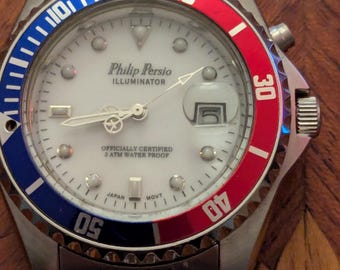 Phillip Persio Pepsi Bezeled Stainless Steel Men's Quartz Wrist Watch Running and Keeping Time