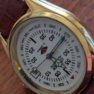 Pu&ograve; includere: Un orologio da polso dorato con quadrante bianco e cinturino in pelle marrone. Il quadrante mostra numeri, indicatori e lancette neri. L'orologio riporta la scritta "21 JEWELS AUTOMATIC JAPAN MADE".