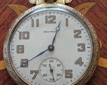 Raro reloj de bolsillo Waltham 1927 con caja ornamentada, tamaño 16, con 17 joyas