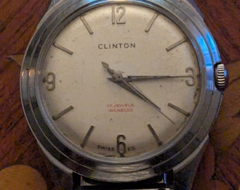 50's-60's Manual Wind Clinton Men's Wrist Watch Stainless Steel 17 Incobic Jeweled Movement Running and Keeping Time