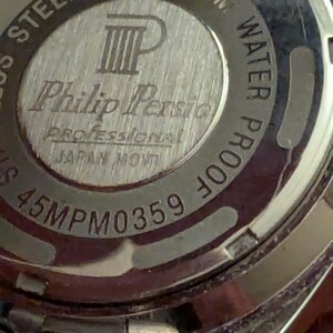 May include: The silver-toned circular case back of a Philip Persio watch features engraved text including STEEL BACK, 3ATM WATER PROOF, PROFESSIONAL, JAPAN MOV'T, and the model number 45MPM0359. A logo with the letters PP is centered on the metal surface.