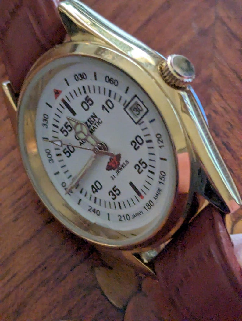 Pu&ograve; includere: Un orologio da polso automatico Citizen color oro con quadrante bianco, numeri e indicatori neri. L'orologio ha un cinturino in pelle marrone e un datario alle 3. Il quadrante recita "21 Jewels".