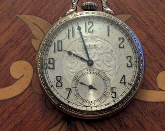 Antique Elgin Ornate 14k White GF Ornate Case 17 Ruby Jeweled 12 Size Pocket Watch Running and Keeping Time.