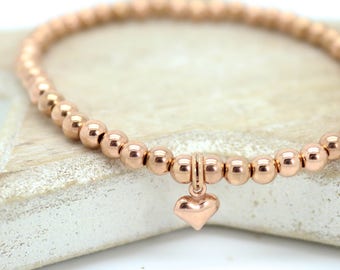 Rose gold bracelet, Rose gold bead bracelet, rose gold vermeil heart charm bracelet, Bridesmaid gift ,Rose gold stacking bracelet