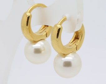 White pearl hoop earrings, Small hoop earring, Huggie earrings gold, Pearl drop earrings