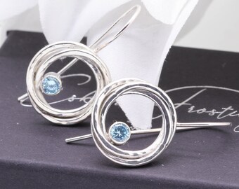 Circle earrings / Silver knot earrings / Blue topaz dangle earrings