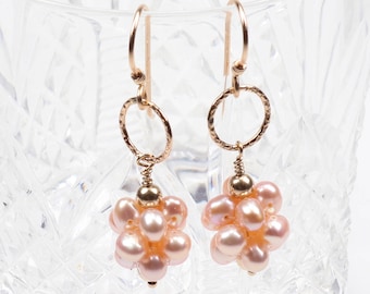 Gold Pearl earrings / Peach pearl wedding earrings / Cluster pearl earrings