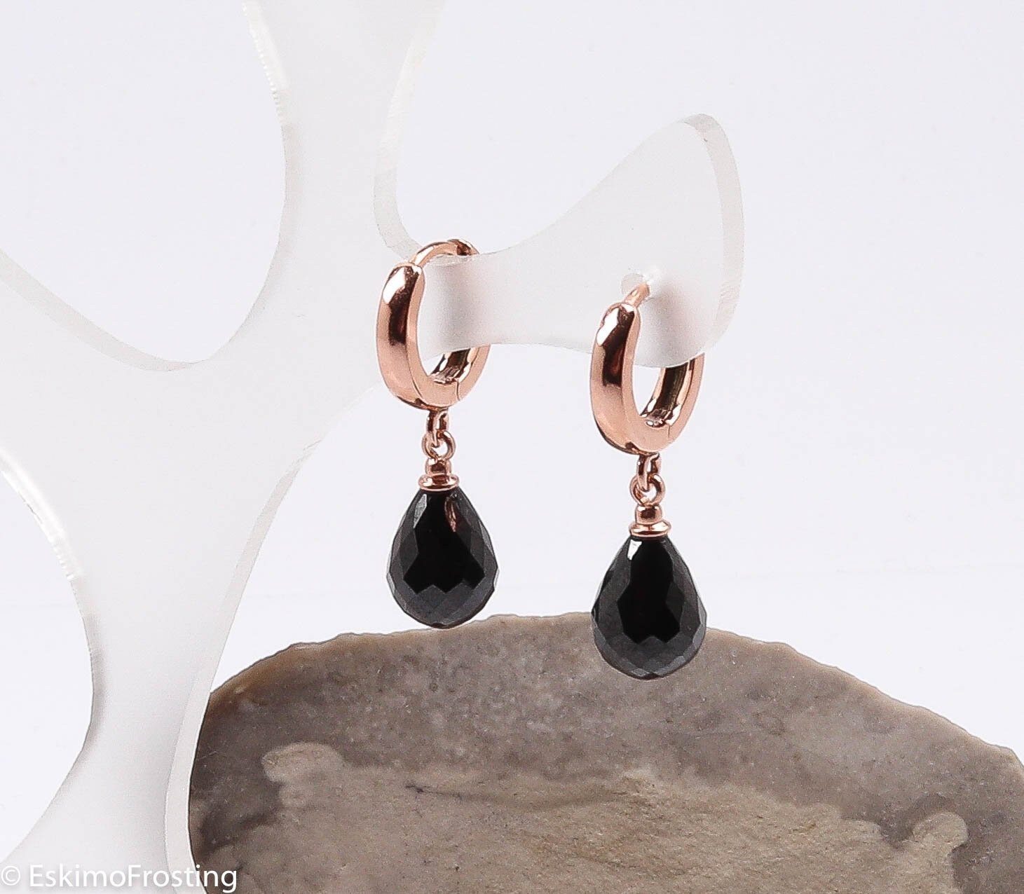 Onyx Rose Gold CZ Earrings / Faceted Black Onyx Cz Huggie Earrings / Rose  Gold Huggie Earrings - Etsy