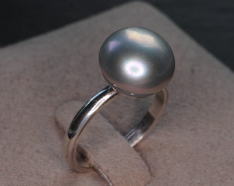 Pearl ring, Pearl stacking ring,  Grey fresh water pearl silver ring