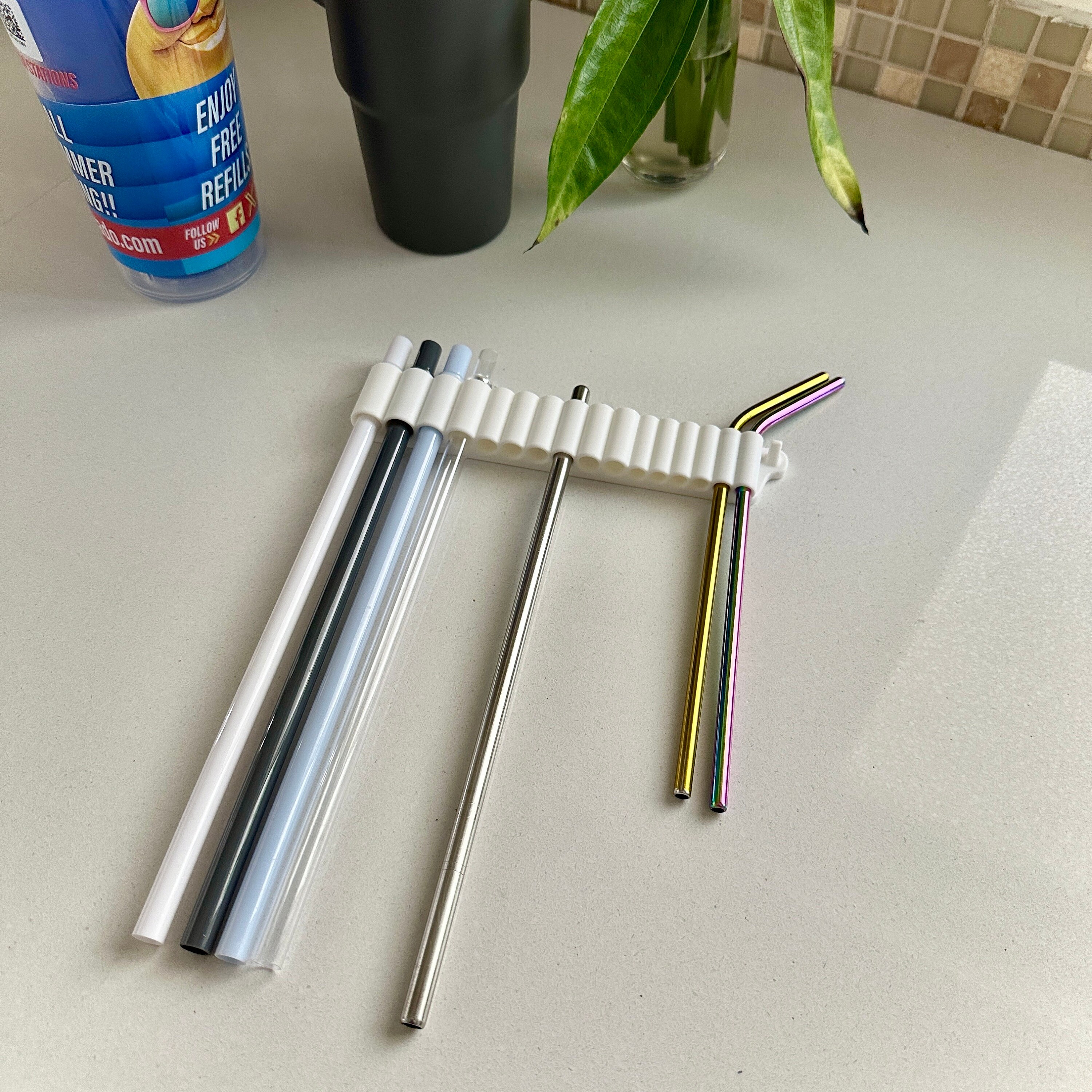 Straw Organizer For Reusable Straws - Cabinet Door Mount, Holds Up To 15 Straws & Brush (Adhesive Included)