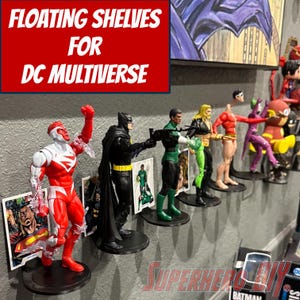 May include: Floating shelves with action figures of superheroes from the DC Multiverse. The figures include Superman, Batman, Green Lantern, Aquaman, and others. The shelves are black and have a modern design.