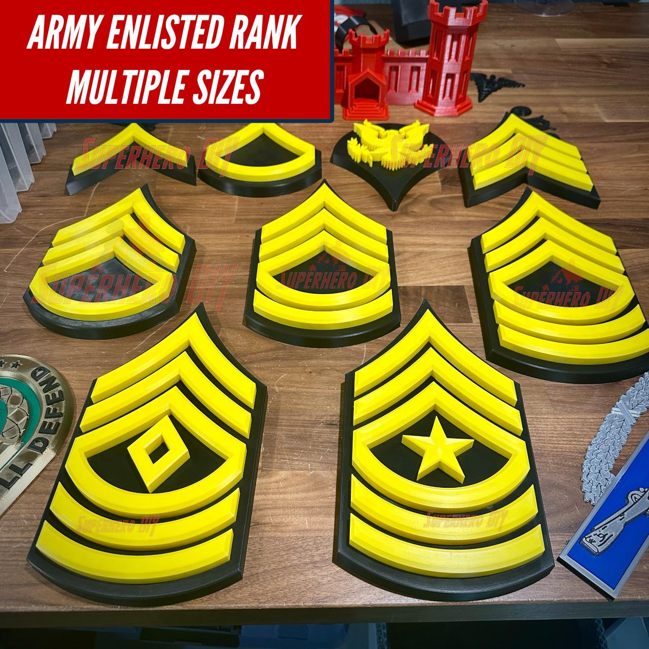 Army Enlisted Rank Set | E-2 to E-9 | 3D Printed Insignia in Multiple Sizes for Tribute, Gift, or Shadowbox Display