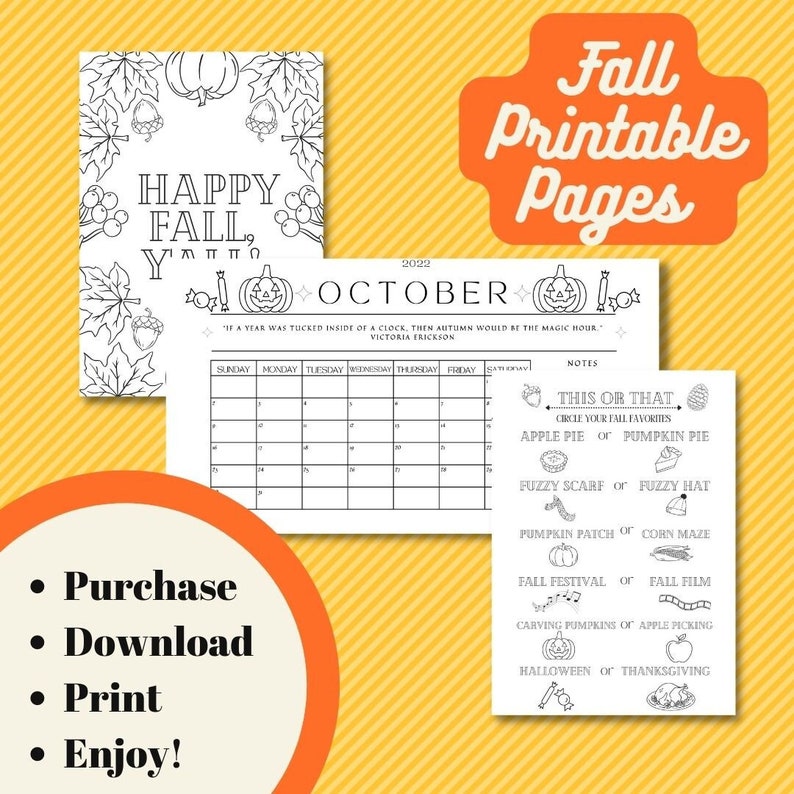 Fall Printables Fall Coloring Pages Monthly Calendar - Etsy