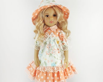 Dress and hat for Little Darling doll, salmon color hand-sewn from cotton