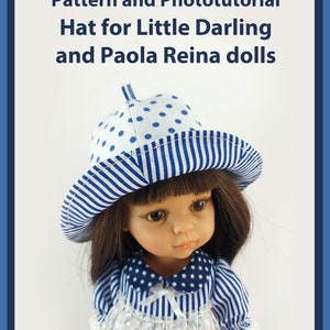 Può includere: Modello PDF e tutorial fotografico per un cappello a righe blu e bianche con pois per le bambole Little Darling e Paola Reina.