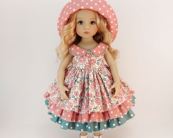 Dress and hat for Little Darling doll, pink, hand-sewn from cotton