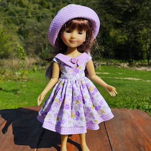 Lavender dress and hat for Ruby Red Dolls, hand-sewn from cotton