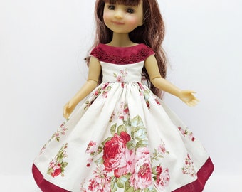 Evening elegant dress with roses  for Ruby Red Dolls, hand-sewn from cotton