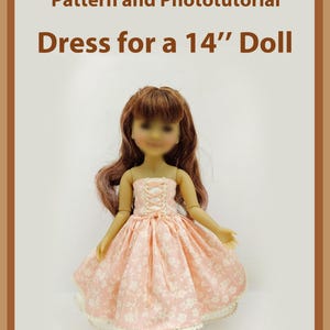May include: A doll in a pink floral dress with a white lace trim. The dress features a corset-style bodice and is designed for a 35.56 cm doll. The image includes the text "PDF Pattern and Phototutorial".