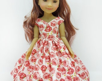 Evening elegant dress with roses  for Ruby Red Dolls, hand-sewn from cotton