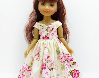 Evening elegant dress with roses  for Ruby Red Dolls, hand-sewn from cotton