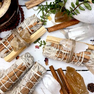 Cinnamon Sage Wand with Palo Santo & Crystal Quartz or Calcite Bundle Option  | 4in California White Sage Wand for HEALING + VITALITY