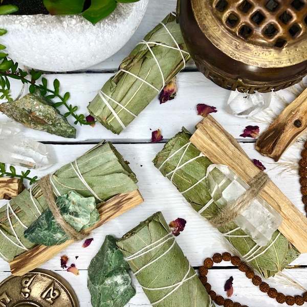 Eucalyptus Smudge with Palo Santo & Chrysoprase or Crystal Quartz Bundle Option  | 4in Eucalyptus Smudge Wand for HEALING + DIVINE TRUTH