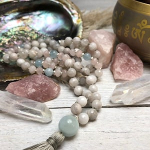 Stay Calm and Love YourSELF Mala - 108 Silver Lace Agate, Aquamarine, & Rose Quartz