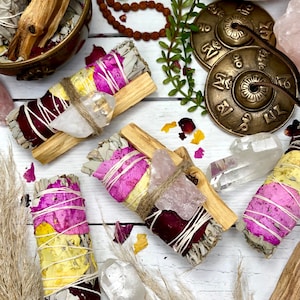 LOVE - White Sage with Rose Petals, Palo Santo & Rose Quartz Love Bundle  | 4in California White Sage LOVE + HEALING