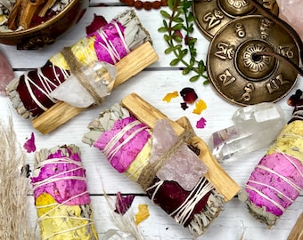 LOVE - White Sage with Rose Petals, Palo Santo & Rose Quartz Love Bundle  | 4in California White Sage LOVE + HEALING