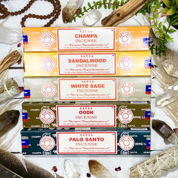 SACRED WOODS <|> Sandalwood, Palo Santo, Champa, Oodh, White Sage or 5 Pack Satya Incense Gift Set