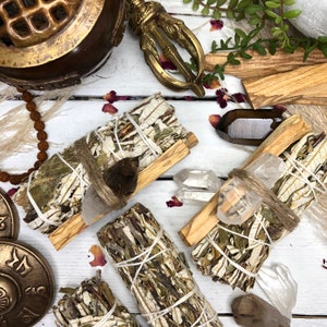 Yerba Santa Smudge Wand with Palo Santo & Crystal Quartz or Smoky Quartz Bundle Option  | 4in Wand for HEALING + PROTECTION