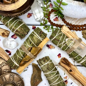 Cedar Smudge with Palo Santo & Tiger Eye or Crystal Quartz Bundle Option  | 4in Cedar Smudge Wand for HEALING + BALANCE