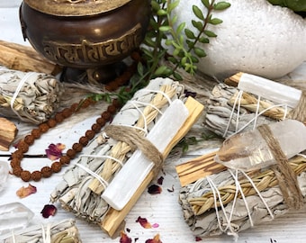 Sage + Sweetgrass Braid with Palo Santo & Selenite or Crystal Quartz Bundle Option  | 4in California White Sage for HEALING + PROTECTION