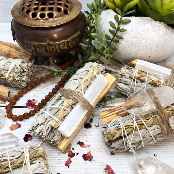 Lot sauge + foin d'odeur avec palo Santo et sélénite ou cristal de quartz en option | 4 pouces de sauge blanche de Californie pour la GUÉRISON + LA PROTECTION