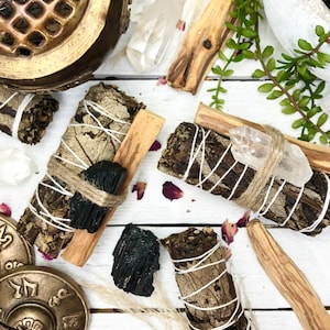 Mugwort Black Sage Wand with Optional Palo Santo & Tourmaline or Crystal Quartz Bundle | 4in Black Sage for chakra HEALING + PURIFICATION