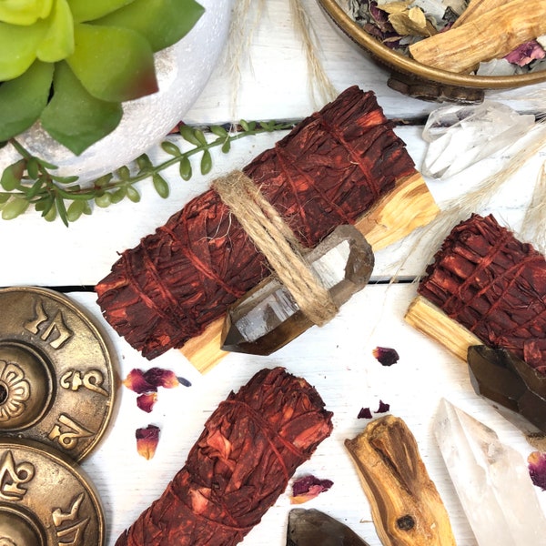 Dragons Blood Sage Wand with Palo Santo & Smoky Quartz Bundle Option  | 4in California White Sage w/ Dragon's Blood for HEALING + PROTECTION