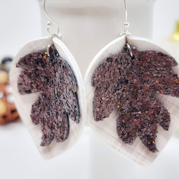 Sterling Silver Autumn Leaf Earring, Glitter Fall Leaves Earring, Fall Jewelry Trend, Gift for Best Friend, Matching Mommy and Daughter