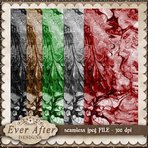 May include: A collection of five seamless digital papers with abstract designs. The papers feature flowing patterns in black, brown, green, gray, and red. The image includes the text "Ever After Designs" and "seamless jpeg FILE - 300 dpi".