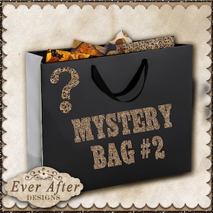 May include: A black shopping bag with the text "MYSTERY BAG #2" in a leopard print font. A leopard print question mark is on the bag. The bag contains colorful patterned items. The logo "Ever After Designs" is in the lower left corner.