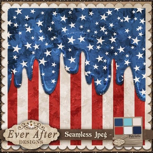 May include: A seamless digital paper design featuring a dripping American flag pattern in red, white, and blue. The design is perfect for patriotic crafts and projects.