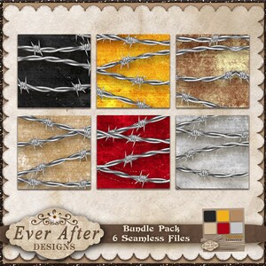 May include: A bundle pack of six seamless files featuring barbed wire designs. Each square tile has a different background color, including black, yellow, red, and beige. The text "Ever After Designs" and "Bundle Pack 6 Seamless Files" are visible.
