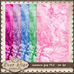 May include: Four seamless digital paper patterns with a marbled effect in pink, purple, blue, and green. Each pattern has a white glitter overlay.