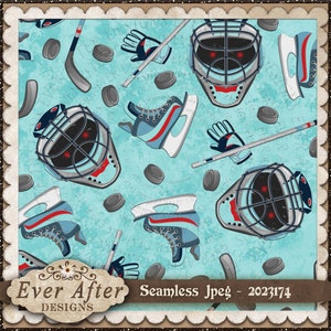 May include: Seamless pattern featuring hockey equipment on a blue background. The pattern includes hockey sticks, pucks, skates, and goalie masks. The text "Ever After Designs" and "Seamless Jpeg - 2023174" is included in the image.