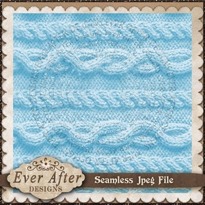 May include: A seamless light blue knitted pattern with cable knit and textured details. The image includes the text "Ever After Designs" and "Seamless Jpeg File". The design is suitable for digital backgrounds and crafting projects.