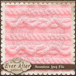 May include: A seamless digital paper pattern featuring a pink knitted cable design with the text "Ever After Designs" repeated in a circular pattern.