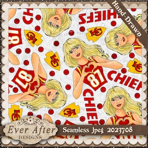 Taylor Swift, Swifty, Chiefs, fútbol, Kansas City 87, Kelce, archivo secundario, diseño de patrón de archivo de descarga digital sin costuras dibujado a mano