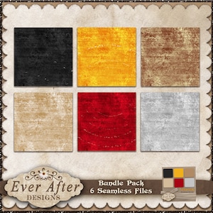 May include: A digital art bundle featuring six seamless files with textured backgrounds in black, gold, brown, beige, red, and gray. The bundle is labeled "Ever After Designs" and includes a color palette.