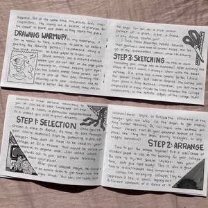 May include: A black and white illustrated guide to collage art with steps on how to select, arrange, sketch, and create a collage. The guide includes tips on using scissors and an exacto knife to cut out images.